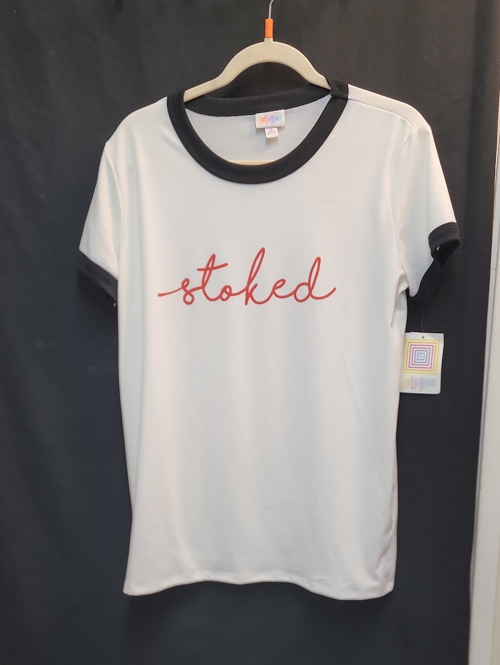 LuLaRoe White Ringer Tee with Black Trim and Red 'stoked' Script
